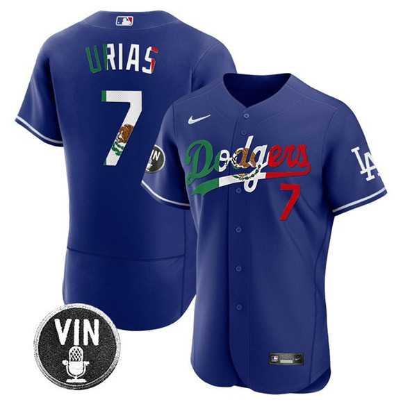 Mens Los Angeles Dodgers #7 Julio Urias Royal Mexico Special Vin Scully Patch Flex Base Stitched Jersey Dzhi